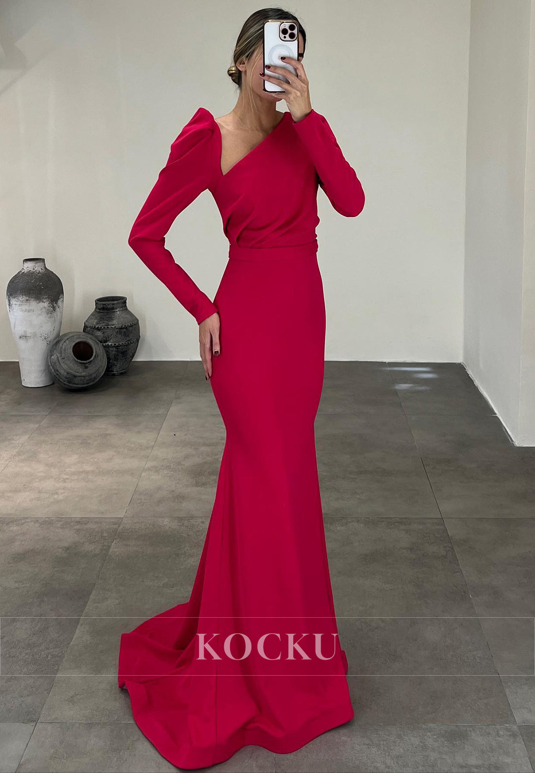 L3086 - Chic & Modern V-Neck Long sleeves Mermaid Satin Evening Party Prom Dress