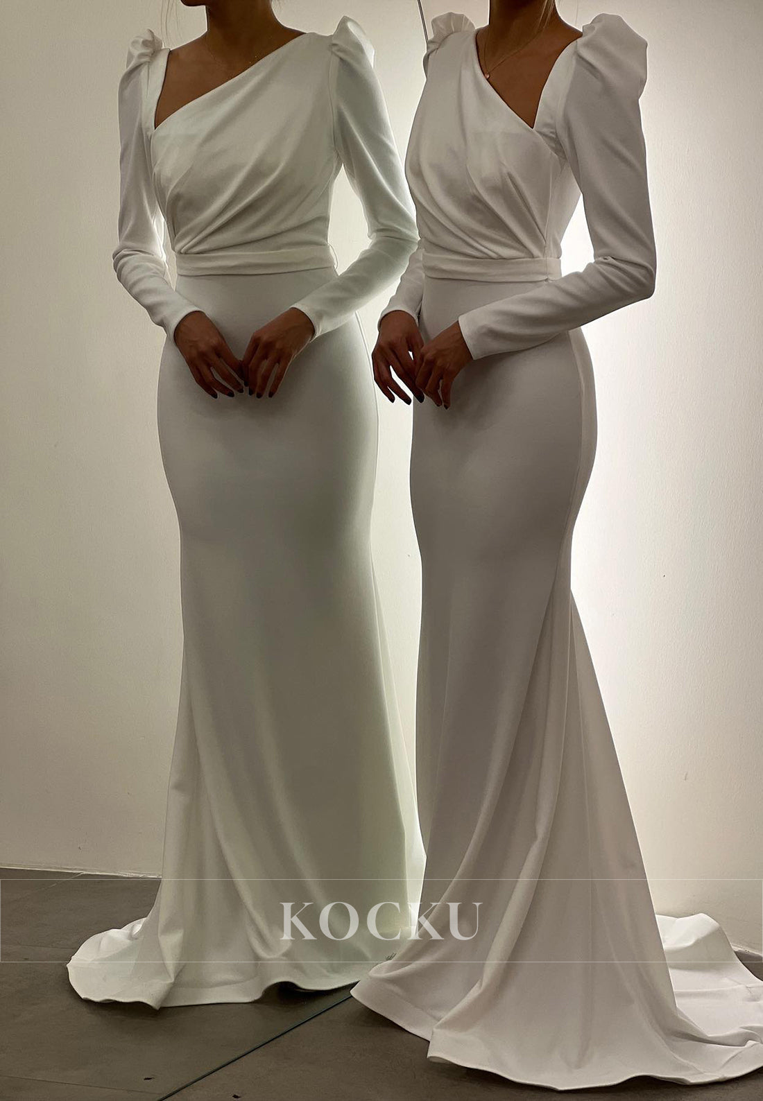 L3086 - Chic & Modern V-Neck Long sleeves Mermaid Satin Evening Party Prom Dress