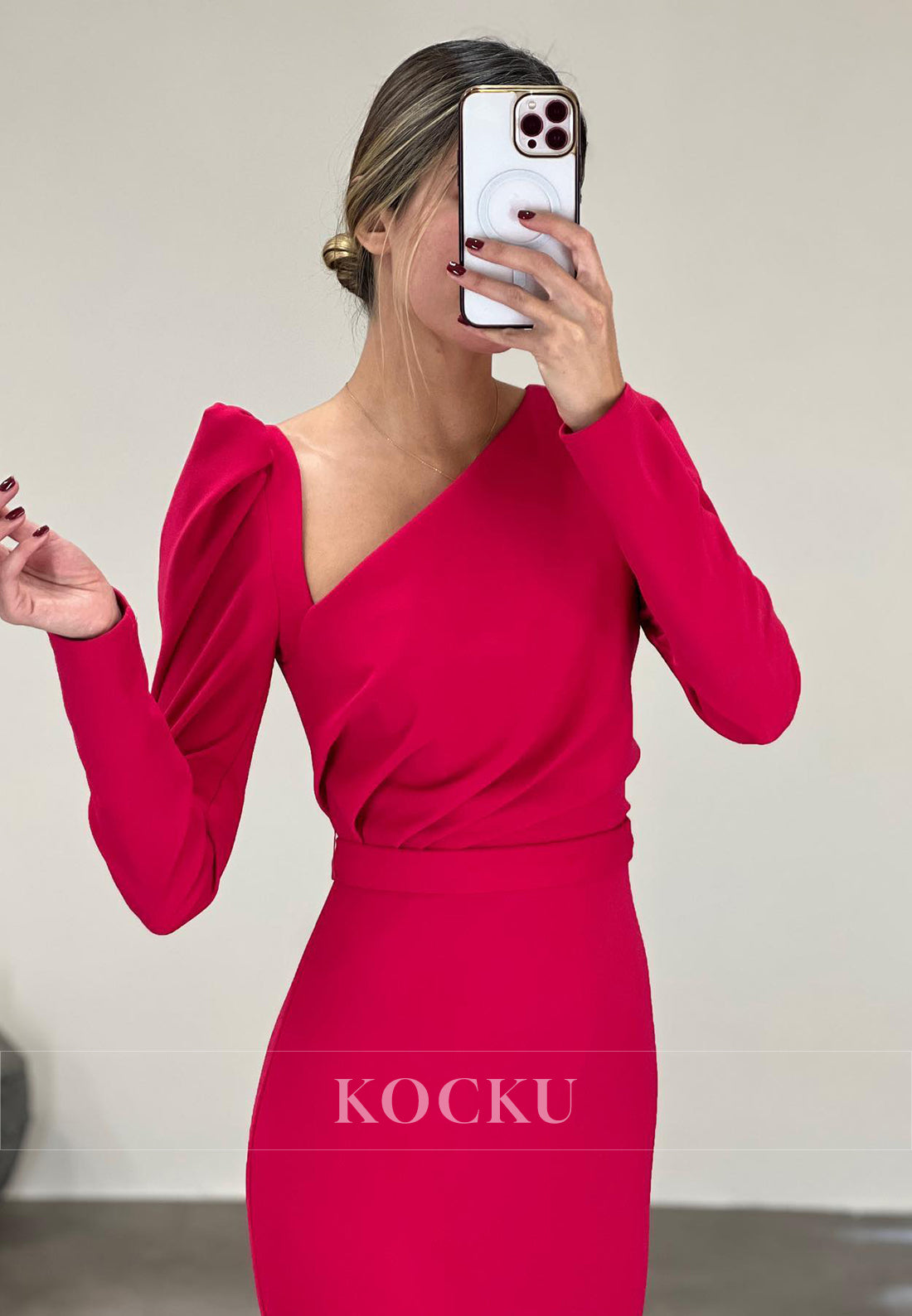 L3086 - Chic & Modern V-Neck Long sleeves Mermaid Satin Evening Party Prom Dress