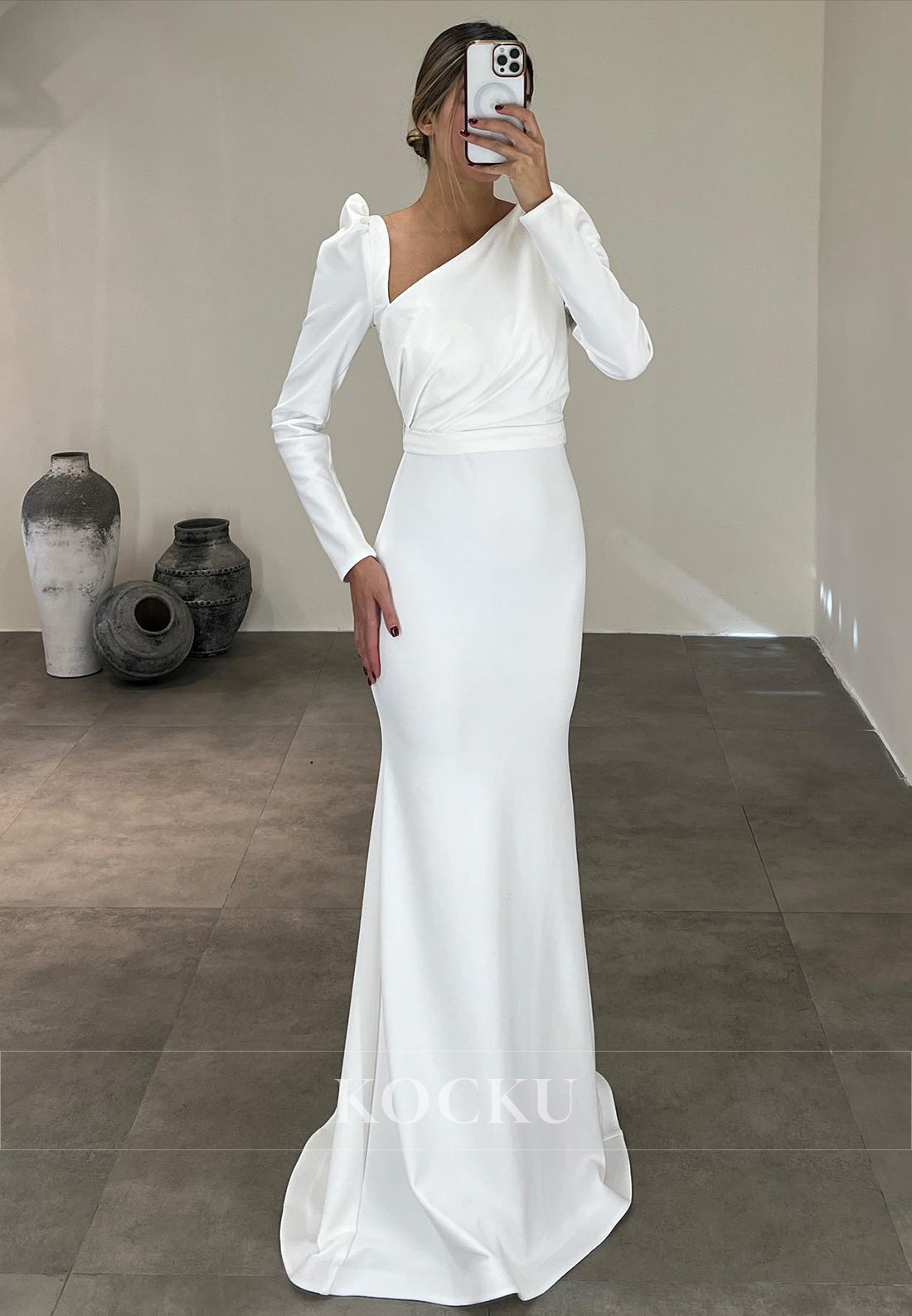 L3086 - Chic & Modern V-Neck Long sleeves Mermaid Satin Evening Party Prom Dress