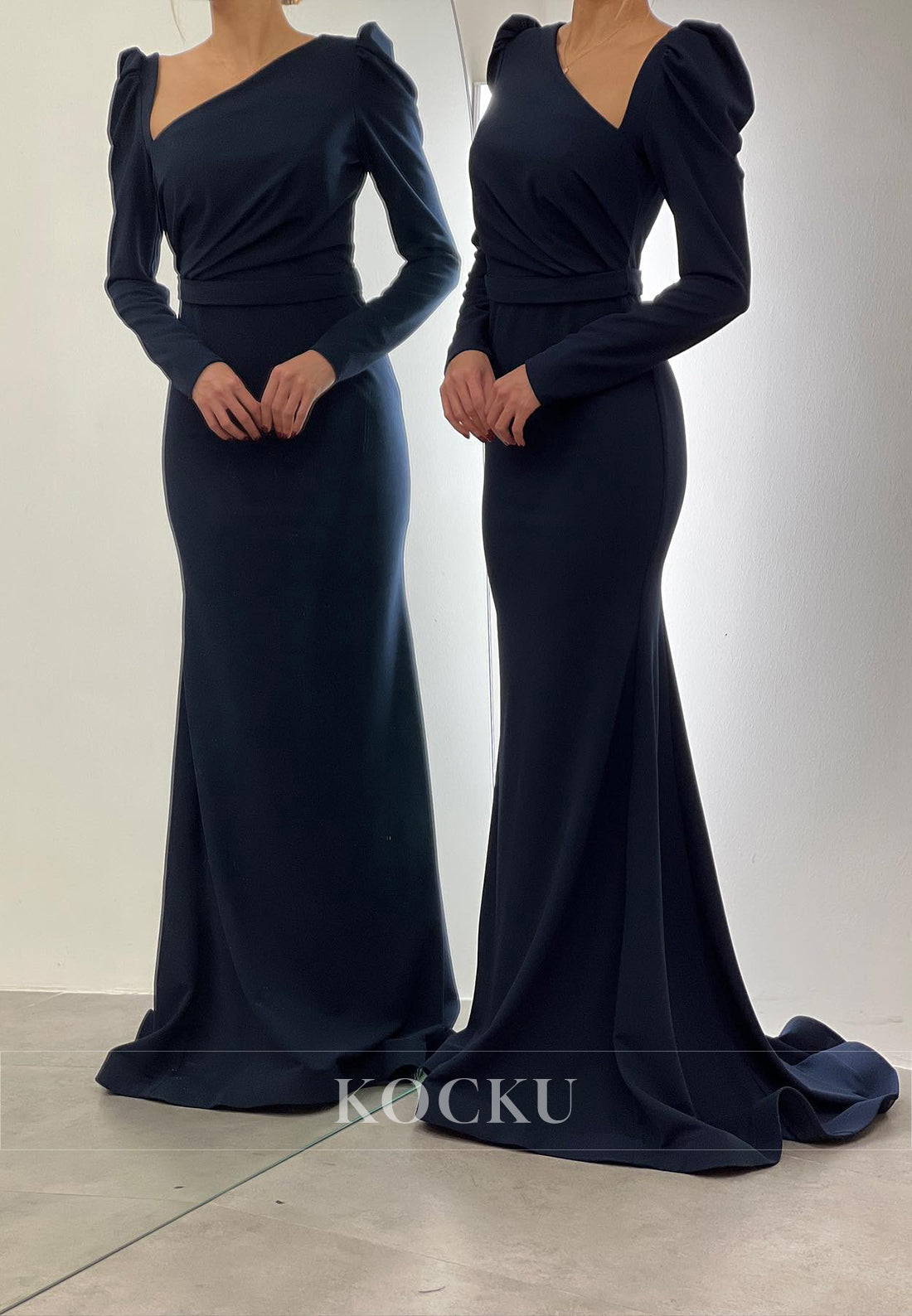 L3086 - Chic & Modern V-Neck Long sleeves Mermaid Satin Evening Party Prom Dress