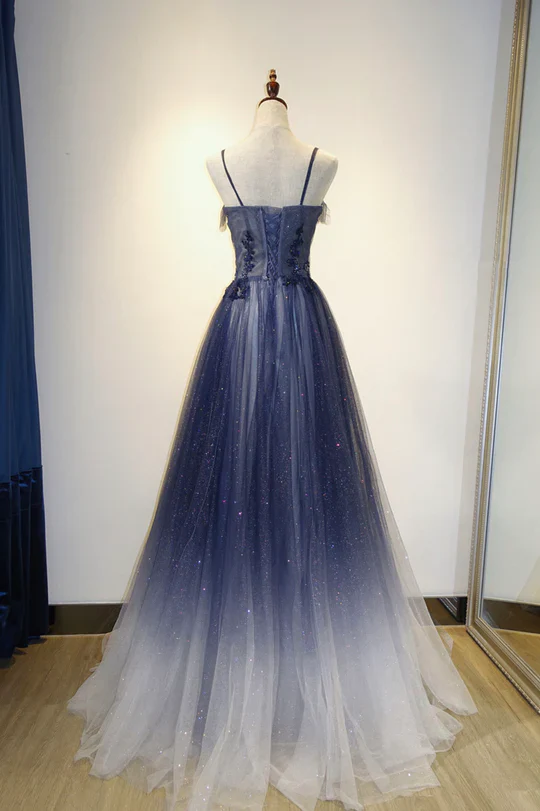 Navy Blue Gradient A-Line Tulle Long Formal Dress J8382