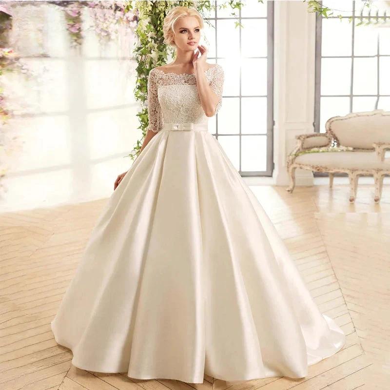 Elegant Lace Wedding Dresses For Women Half Sleevess Bride With Belt Bow Vestidos De Novia Boda Suknia Ślubna Robe Mariée by payinti
