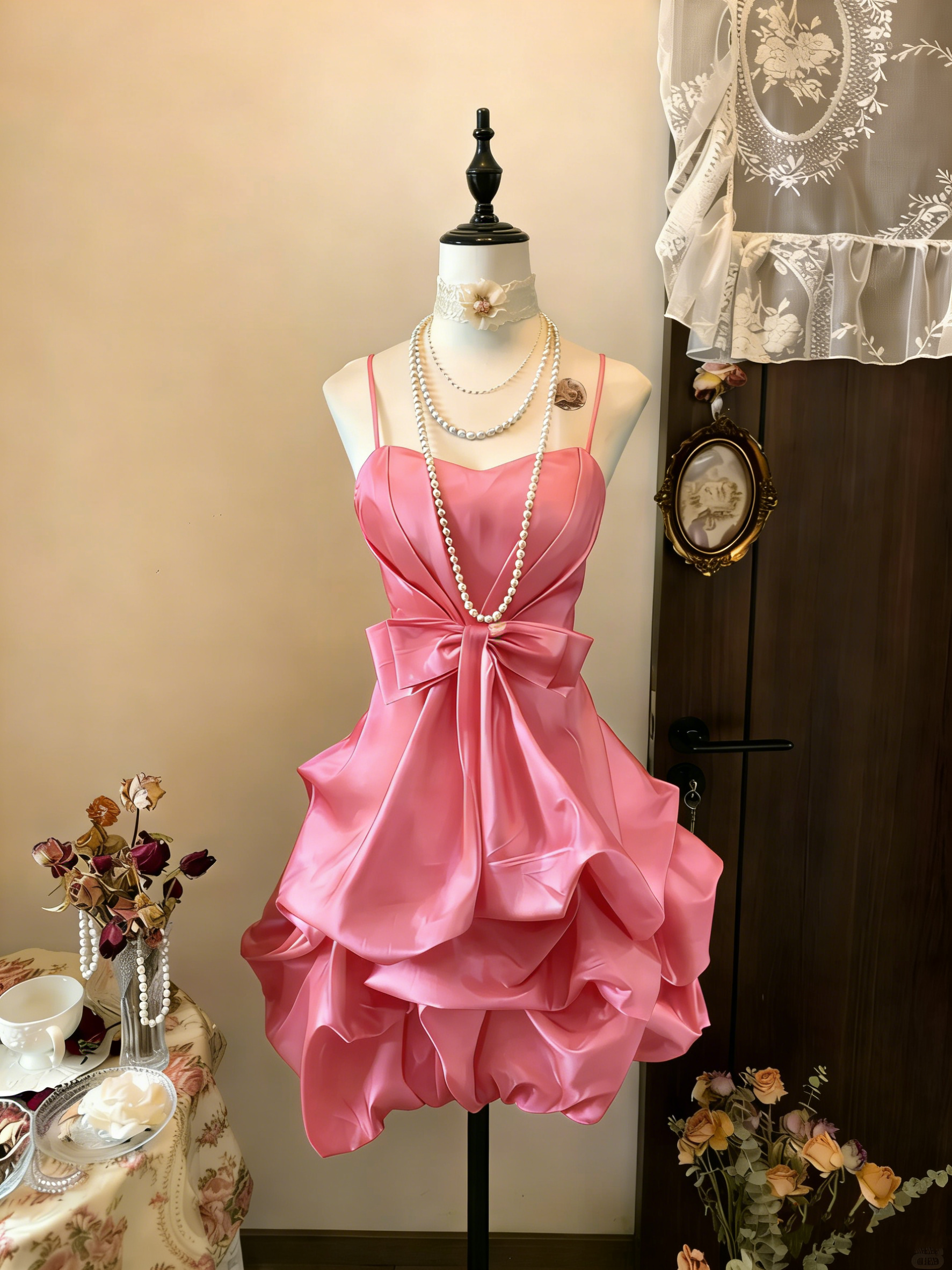 Vintage Yellow Spaghetti Straps Satin Pleated Short Prom Dress Formal Graduation Homecoming Dress D496