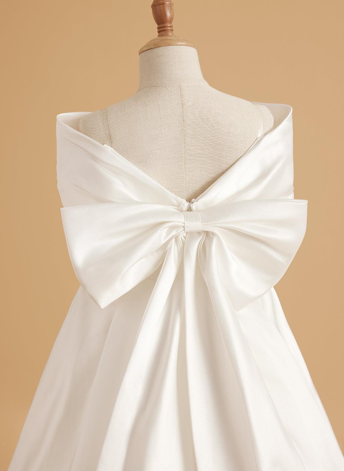Elegant Ivory Satin Princess Ball Gown with Sweep Train and Bow for Flower Girls - View 12 | VelvetHem