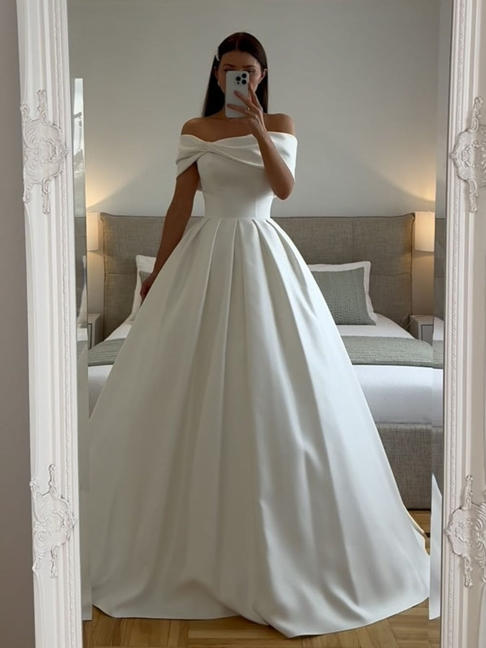 Off-Shoulder Twist Collar Satin A-Line Pleated Skirt Wedding Dress - VelvetHem
