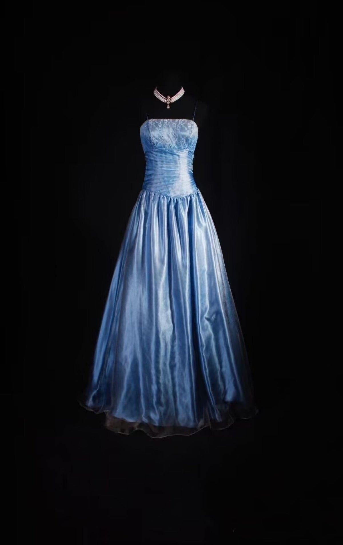 Spaghetti Straps A Line Blue Long Prom Dress Lace Evening Dress J8049