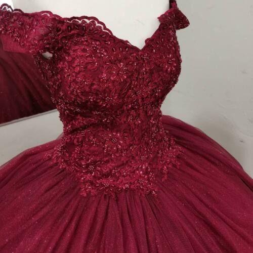 Burgundy Off-the-Shoulder Quinceanera Dresses Ball Gown Lace Prom Sweet 16 Dress - View 3 | FashionDia