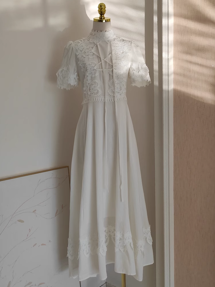 Cute A line High Neckline Short Sleeves Lace White Party Dress Chiffon Holiday Dresses