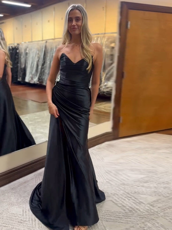 Black Mermaid Strapless V-neck Satin Ruched Sheath Long Prom Dress with Slit - FashionDia