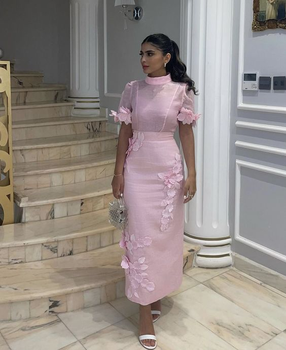 Pink Short Sleeves Sheath Evening Dress,Pink Evening Gown