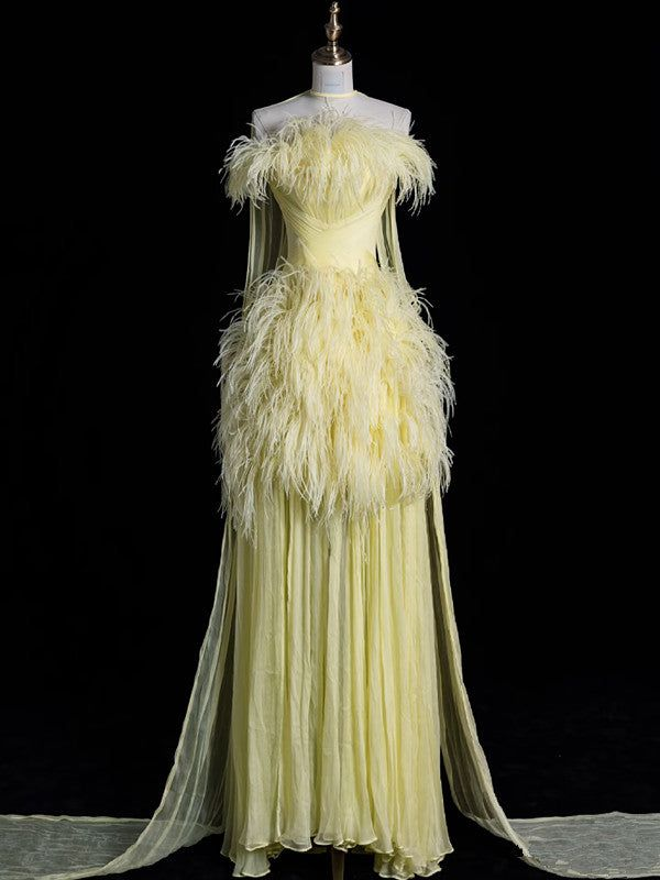 Luxury Yellow Off The Shoulder Evening Gown Chiffon Feathers Party Prom Dress With Beaded