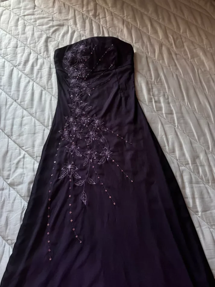 Vintage Strapless Purple Chiffon Satin Beaded Long Birthday Prom Dress Evening Gown - View 6 | FashionDia