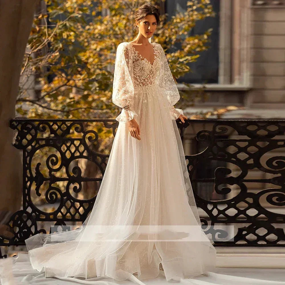 3D Flower Wedding Dress Lace Long Sleeve Women's Bridal Gownes Sexy V-neck Tulle Transparent A-line Dress Bohemia Robe Vestido (ZD14010) - View 3 | VelvetHem