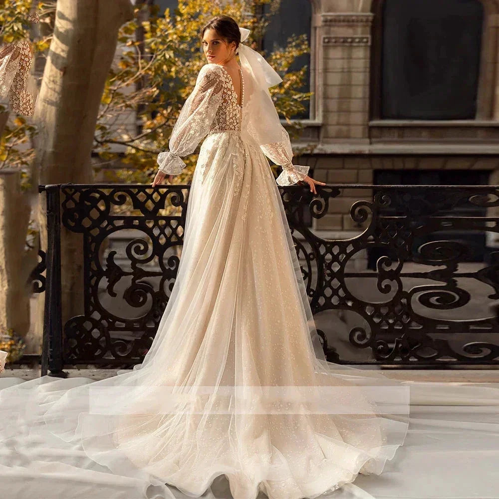 3D Flower Wedding Dress Lace Long Sleeve Women's Bridal Gownes Sexy V-neck Tulle Transparent A-line Dress Bohemia Robe Vestido (ZD14010) - View 2 | VelvetHem