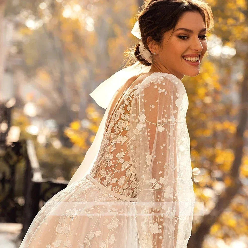 3D Flower Wedding Dress Lace Long Sleeve Women's Bridal Gownes Sexy V-neck Tulle Transparent A-line Dress Bohemia Robe Vestido (ZD14010) - View 6 | VelvetHem