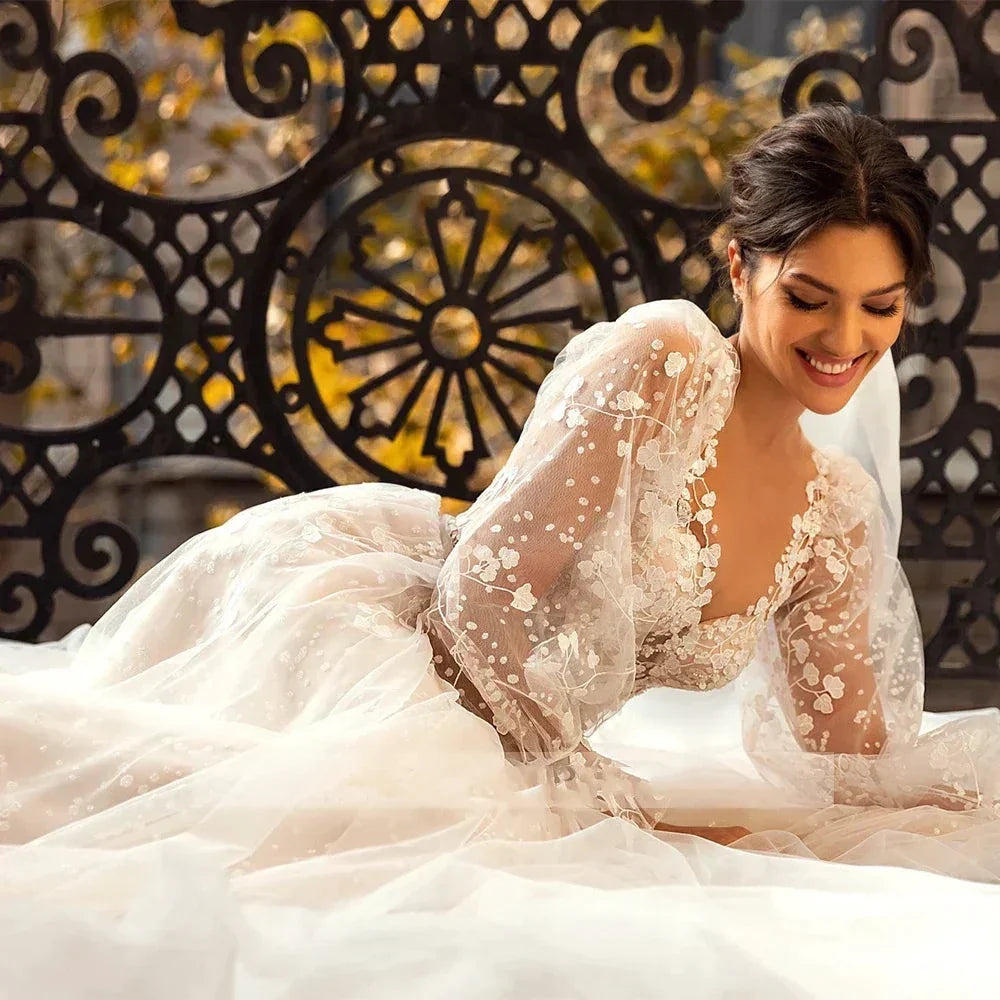 3D Flower Wedding Dress Lace Long Sleeve Women's Bridal Gownes Sexy V-neck Tulle Transparent A-line Dress Bohemia Robe Vestido (ZD14010)