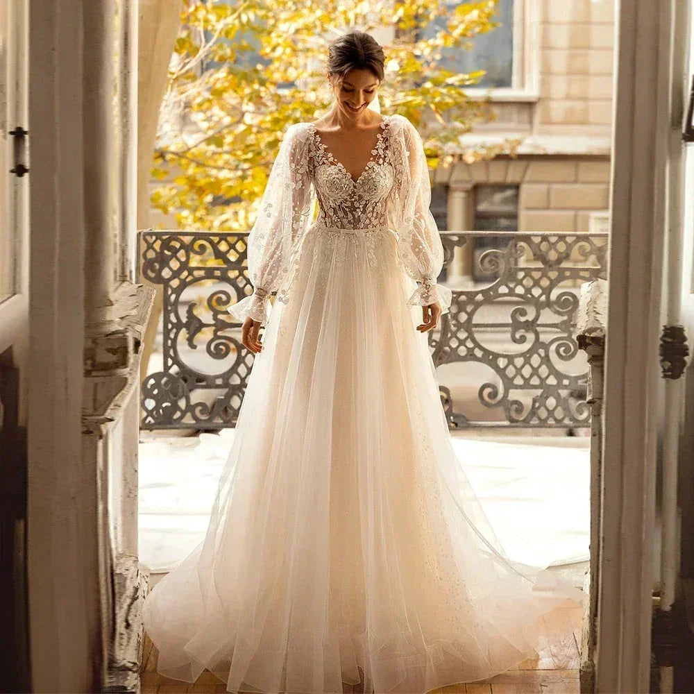 3D Flower Wedding Dress Lace Long Sleeve Women's Bridal Gownes Sexy V-neck Tulle Transparent A-line Dress Bohemia Robe Vestido (ZD14010) - VelvetHem