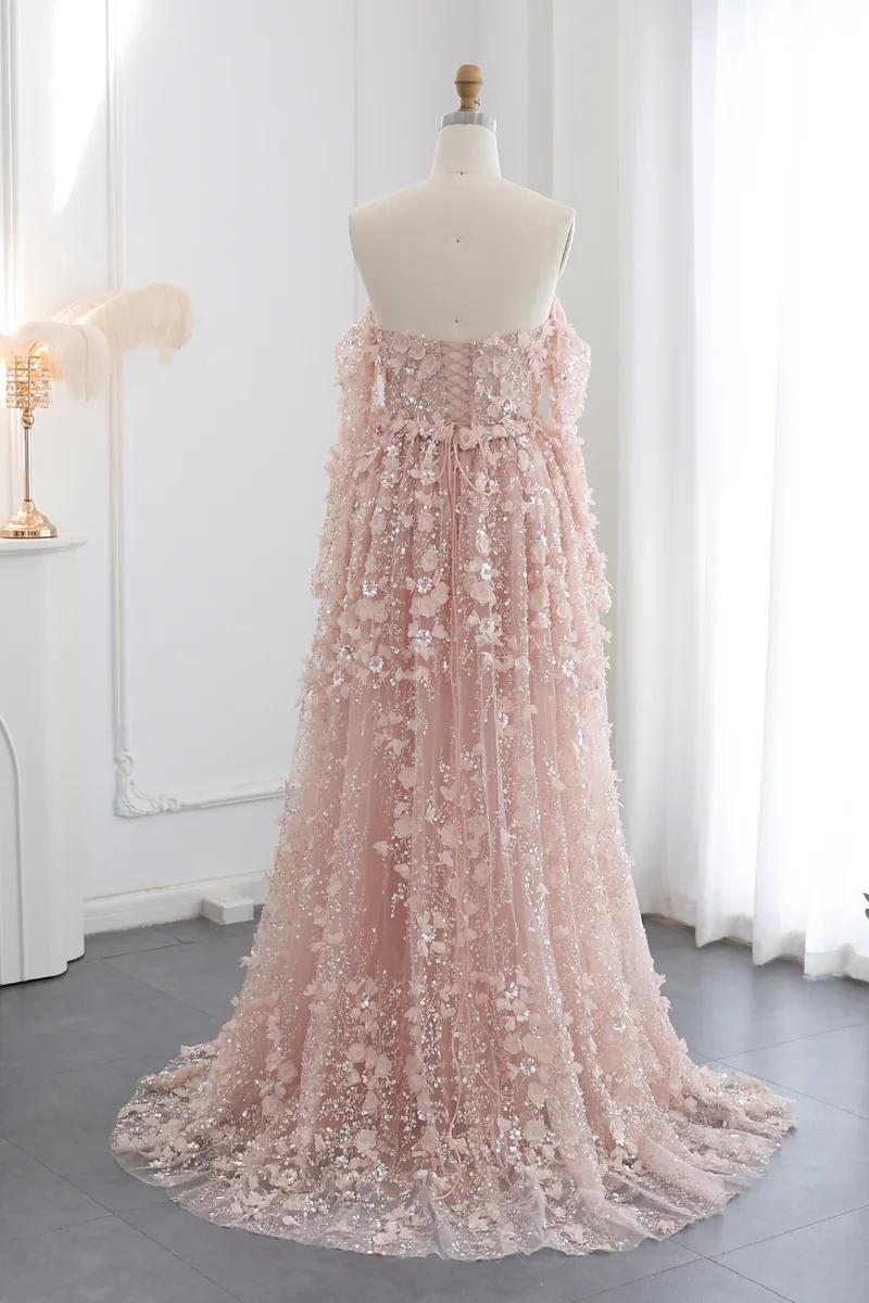 3D Flowers Pink Prom Dress Off The Shoulder Formal Dress With Panel Train