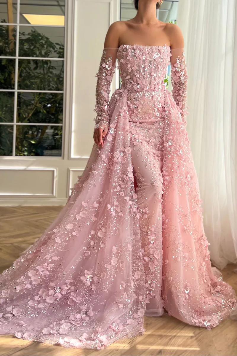 3D Flowers Pink Prom Dress Off The Shoulder Formal Dress With Panel Train