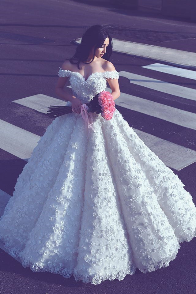 3D Lace Appliques Off The Shoulder Wedding Dresses | Princess Ball Gown Sexy Wedding Dress