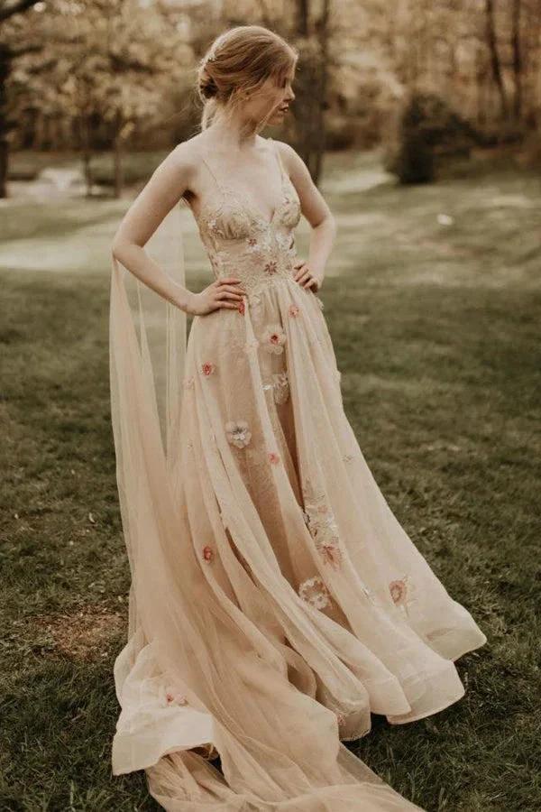 3D Flower Colorful V Neck Tulle Forest Wedding Dresses WD689 by pgmdress