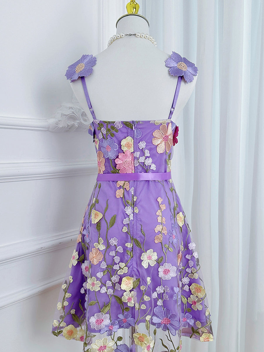 3D Floral Embroidery Tulle V-Neck Lace Mesh Homecoming Mini Dress