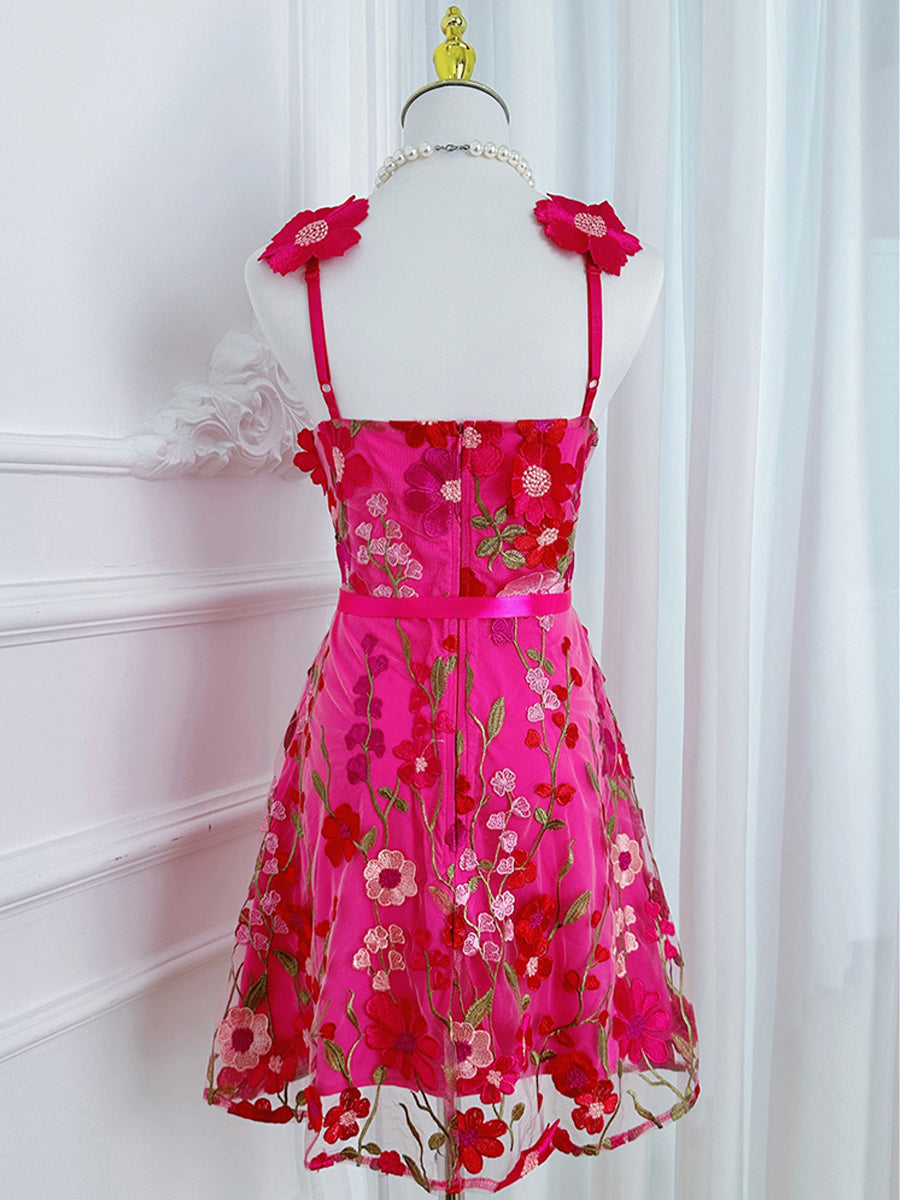 3D Floral Embroidery Tulle V-Neck Lace Mesh Homecoming Mini Dress