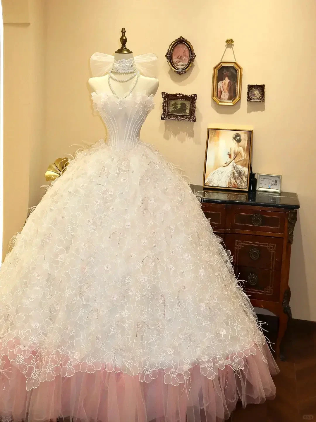 Classy Strapless Lace Flowers Feathers Ball Gown,White A Line Prom Wedding Dress (ZD13752) - VelvetHem