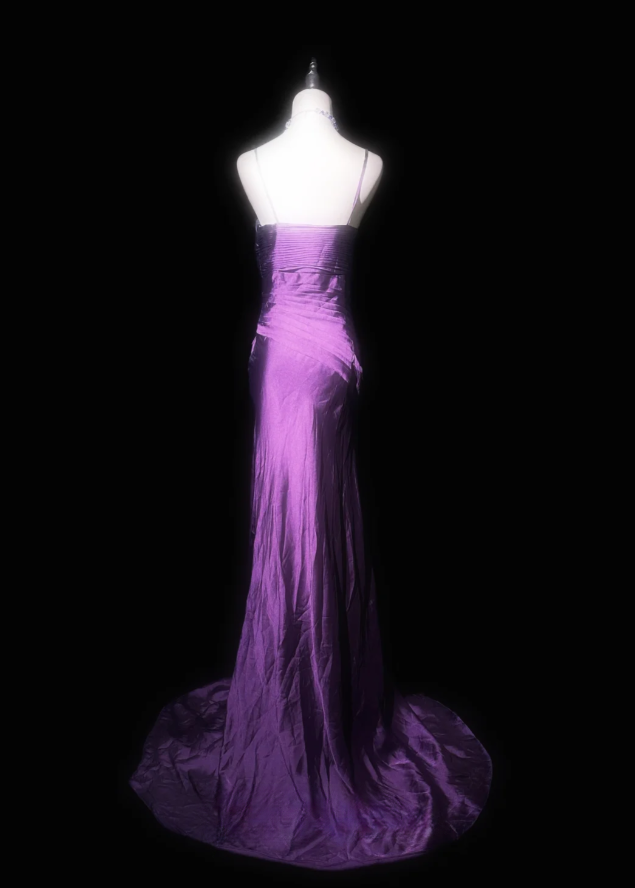 Sexy Spaghetti Straps Purple Satin Pleated Mermaid Long Prom Dress Evening Gown - View 2 | FashionDia