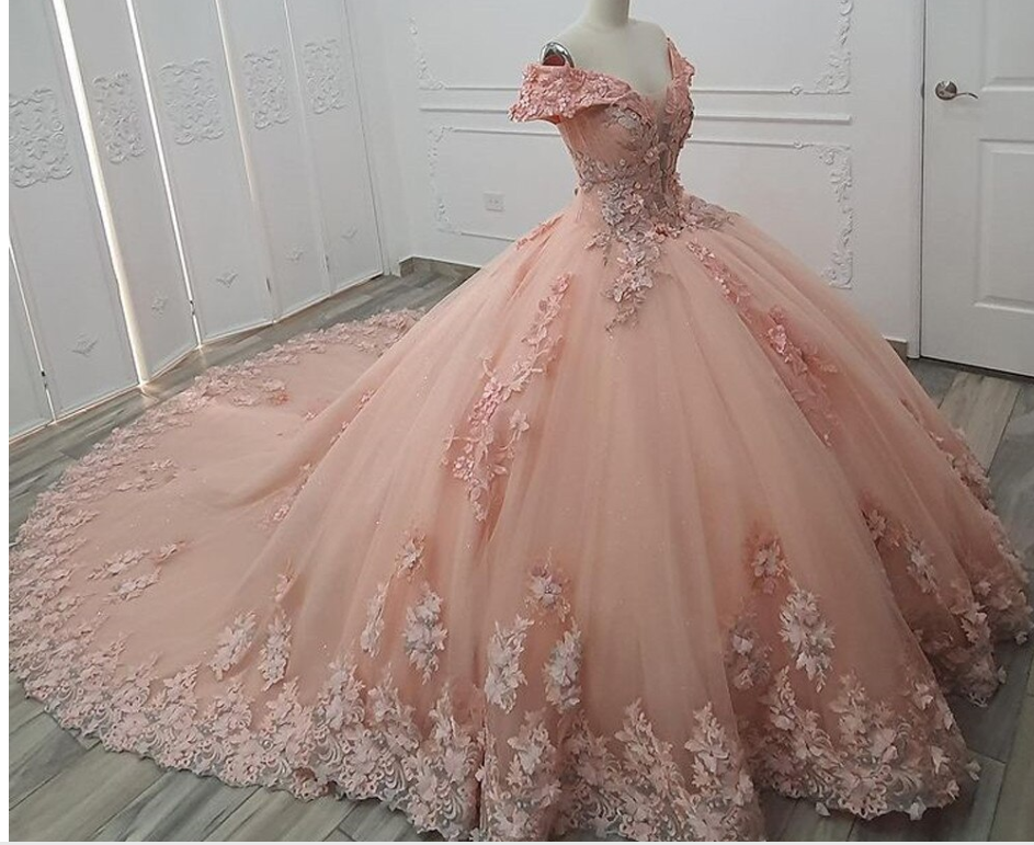 Off-the-Shoulder Pink Ball Gown Long Train Tulle Appliuqes Sweet 16 Dress - View 2 | FashionDia