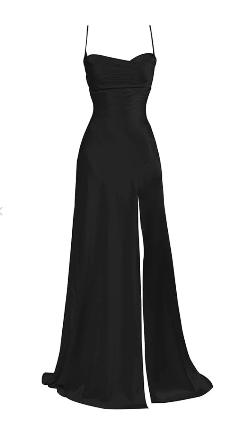 Classic Black Spaghetti Straps Prom Dress with Split,Black Evening Dress - FashionDia
