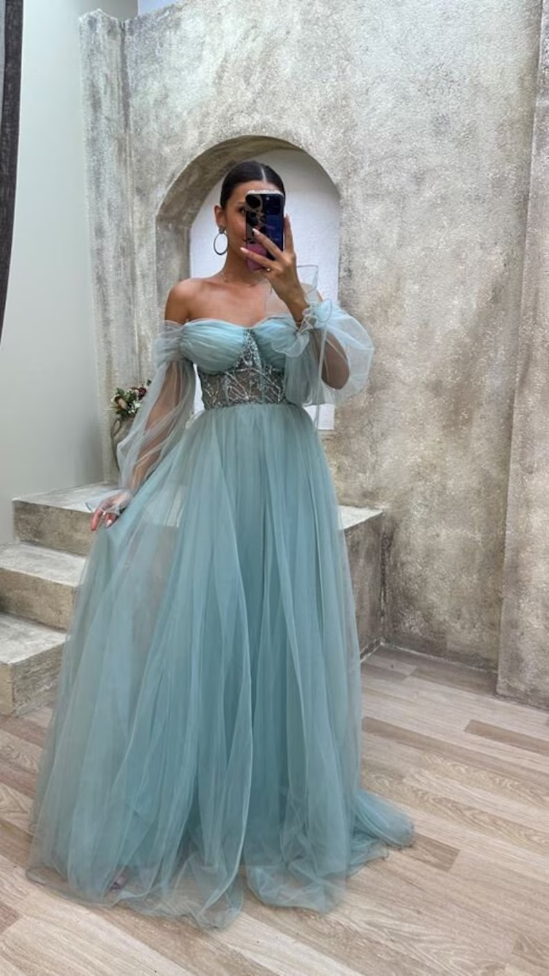 Strapless mint green corset tulle dress prom dress evening gown Y4912 - VelvetHem