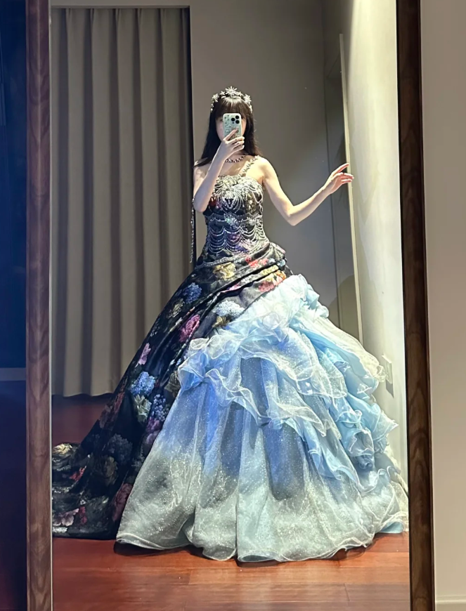 Unique Strapless Satin Print Floral Tulle Sequin Sweet 16 Dress Formal Quinceanera Dress