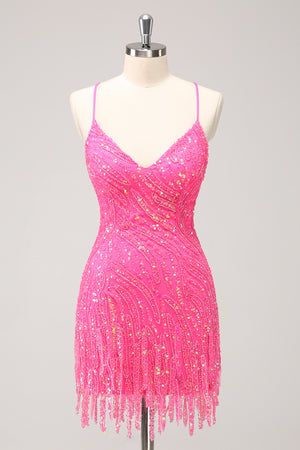 Gorgeous Spaghetti Straps Sequin Tassel Mini Birthday Party Dress Pink Homecoming Dress - View 6 | FashionDia
