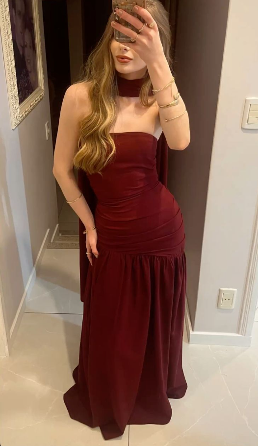 Classy Burgundy Strapless Satin Pleated Mermaid Prom Dress Birthday Party Dress With Scarf - FashionDia