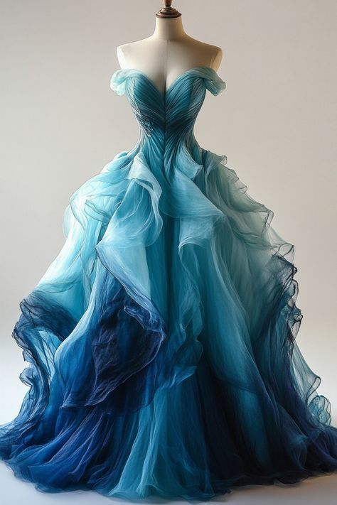 Vintage Ombre Blue Tulle Off The Shoulder Evening Dress,Formal Birthday Ball Gown