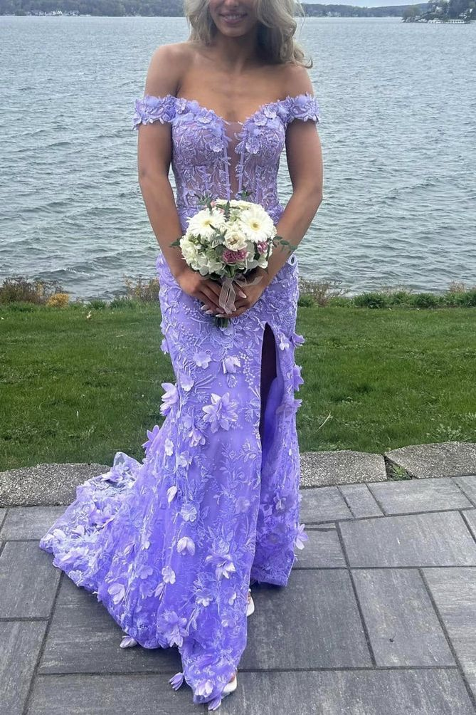 Purple Off The Shoulder Tullelace Appliques Evening Dress Slit Mermaid Party Dress