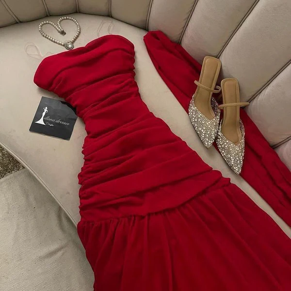 Fashion Strapless Red Pleated Chiffon Mermaid Long Prom Dress Evening Dress