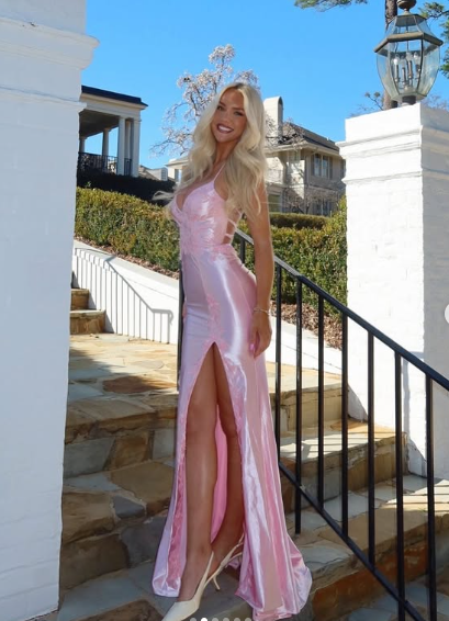 Pretty Pink Satin Appliques Mermaid Evening Dress,Spaghetti Straps Slit Prom Dress - View 2 | FashionDia