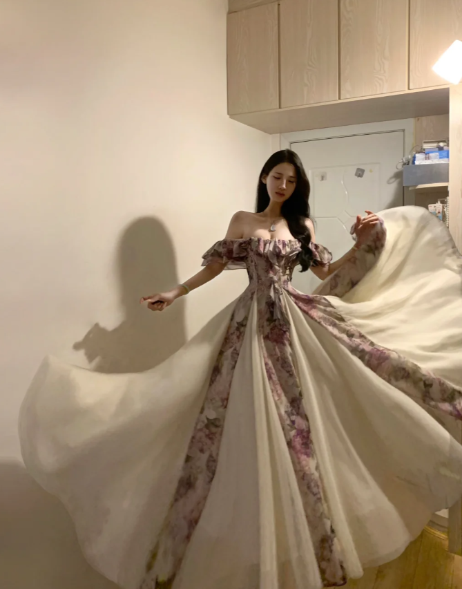 Pretty Off-the-Shoulder Chiffon Printed Floral A-Line Long Party Dress Evening Gown - FashionDia