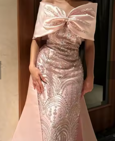 Pretty Pink Off The Shoulder Satin Beaded Long Prom Dress Birthday Party Gown