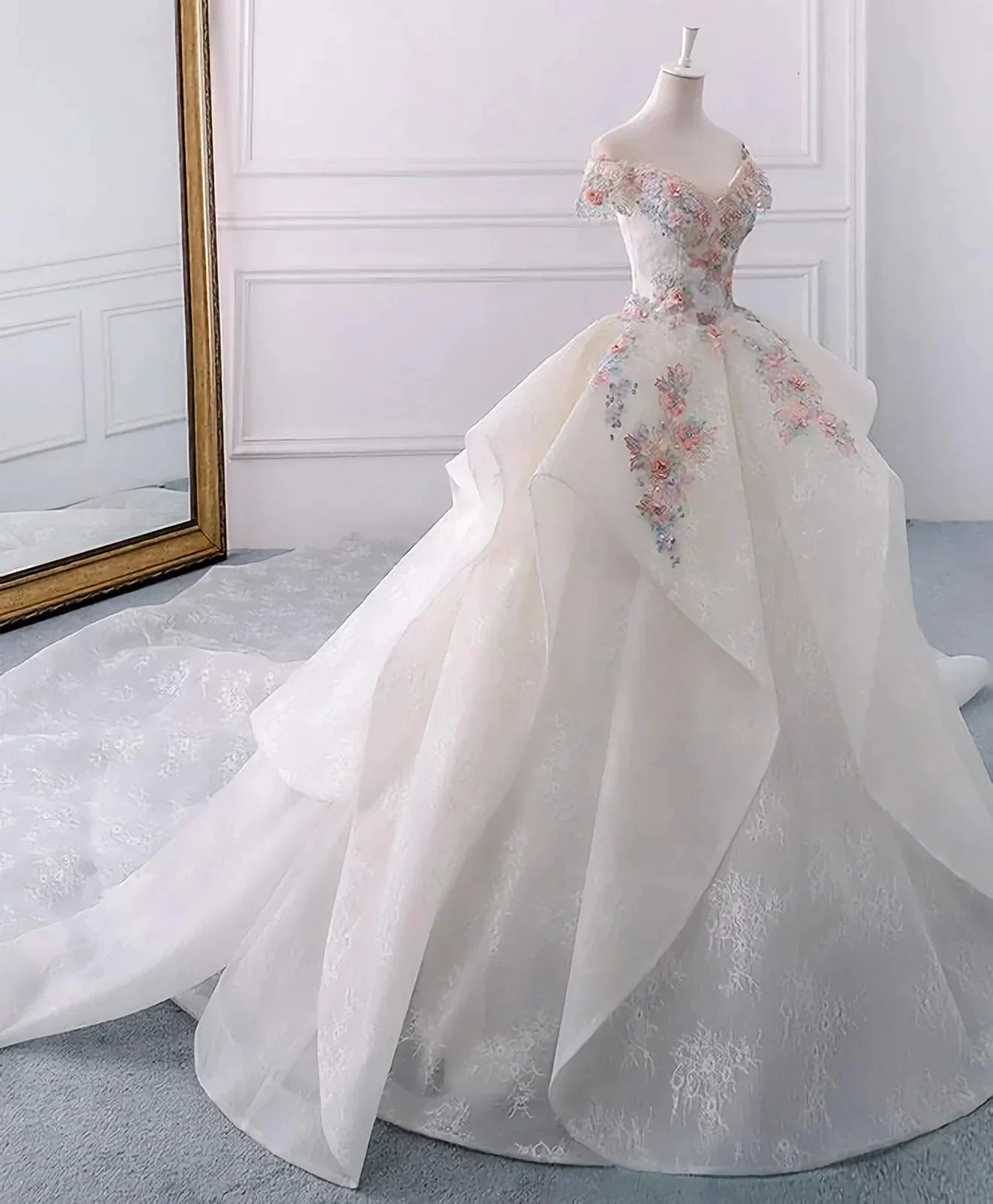 Stunning Off The Shoulder Flower Ball Gown Lace Wedding Dress (ZD13599)