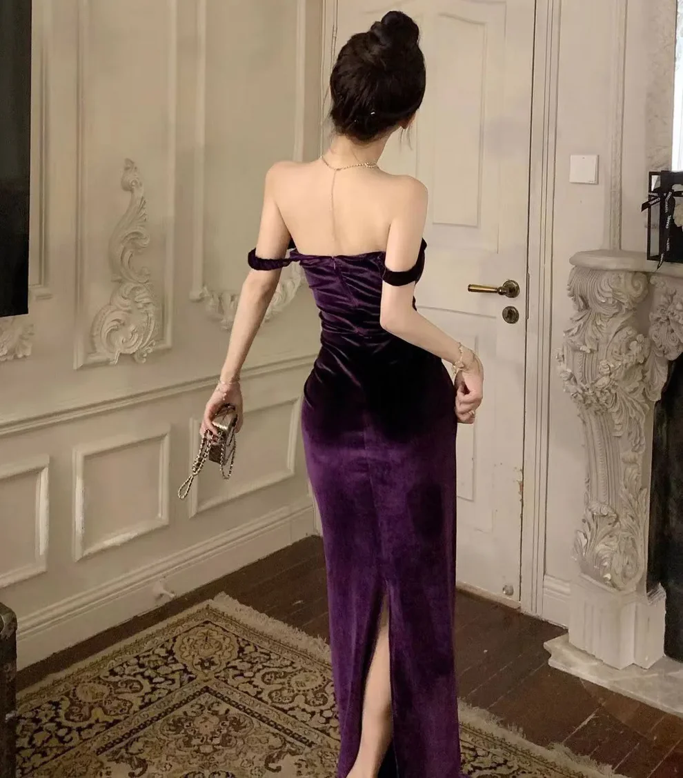Purple Elegant Off-the-Shoulder Mermaid Evening Dress,Velvet Slit Mermaid Party Prom Dress - View 3 | FashionDia