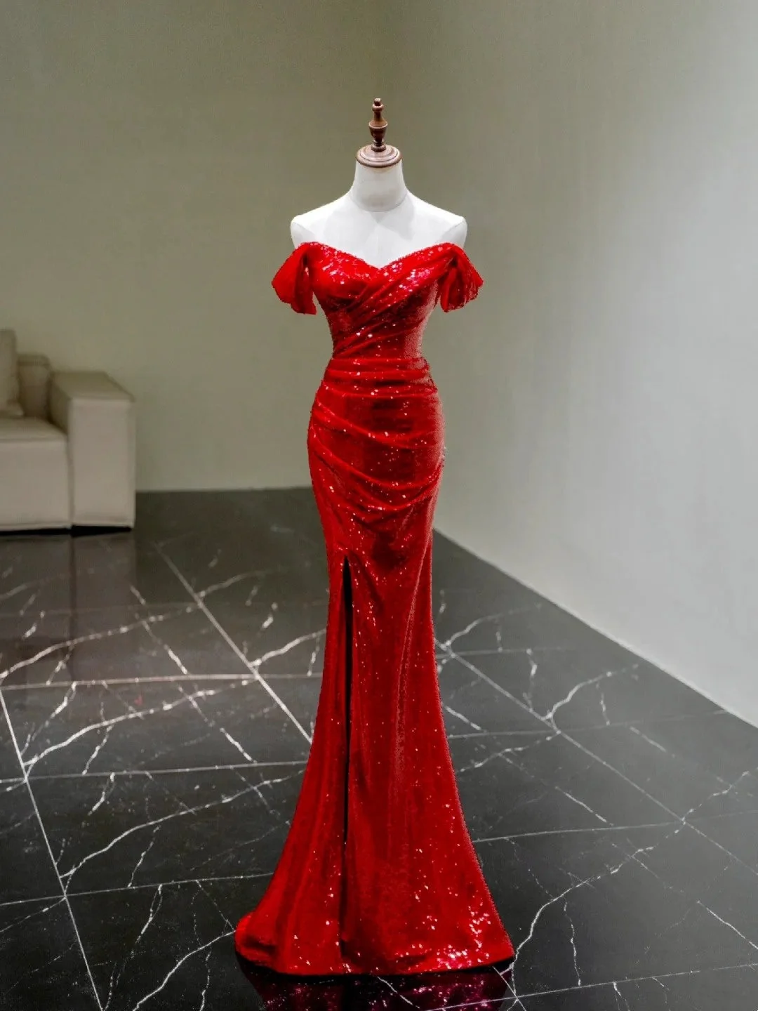 Glitter Off The Shoulder Red Sequin Slit Mermaid Long Party Dress Birthday Evening Gown D4900