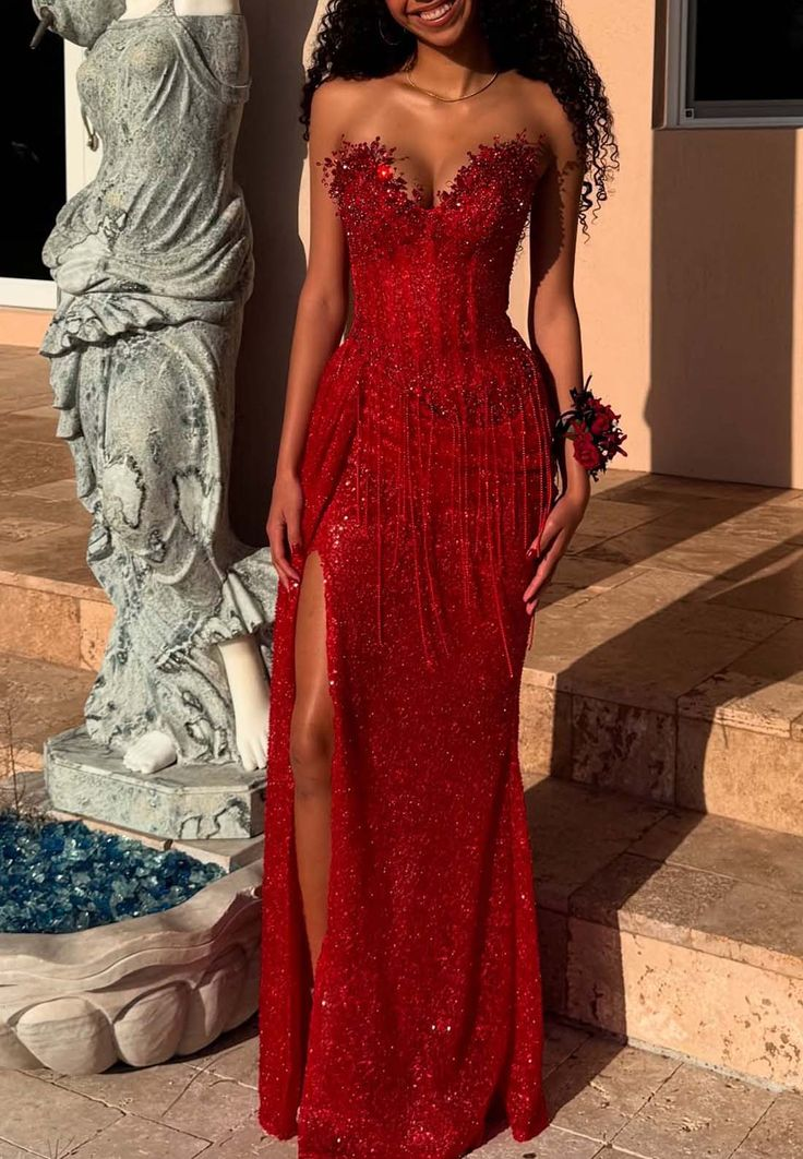 Pretty Sweetheart Neck Red Sequin Beaded Tassel Mermaid Prom Dress Slit Long Party Dress - View 2 | FashionDia