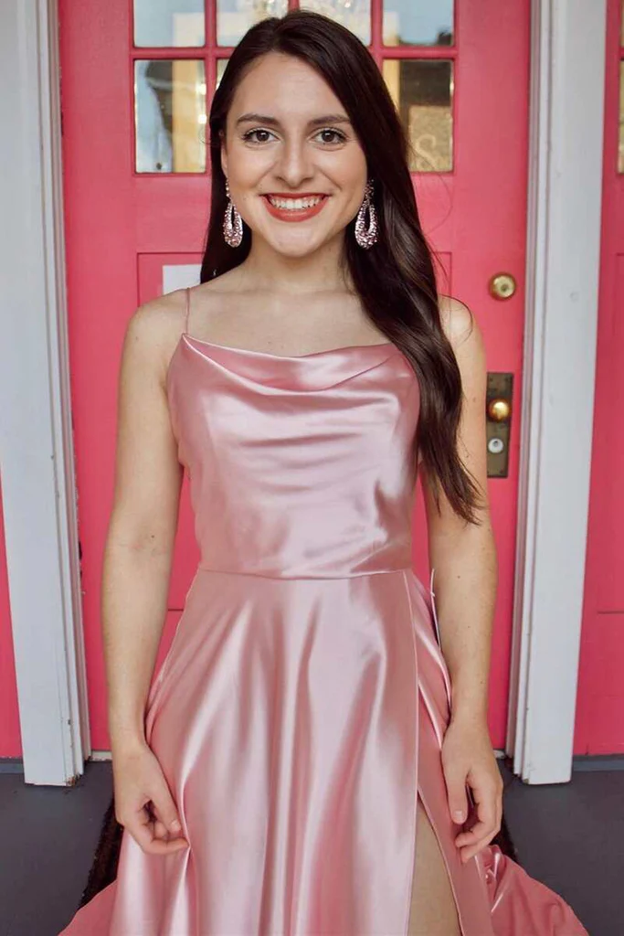 Simple Pink Satin Long Prom Dress with High Slit, Long Pink Formal Graduation Evening Dress Y212 - View 2 | VelvetHem