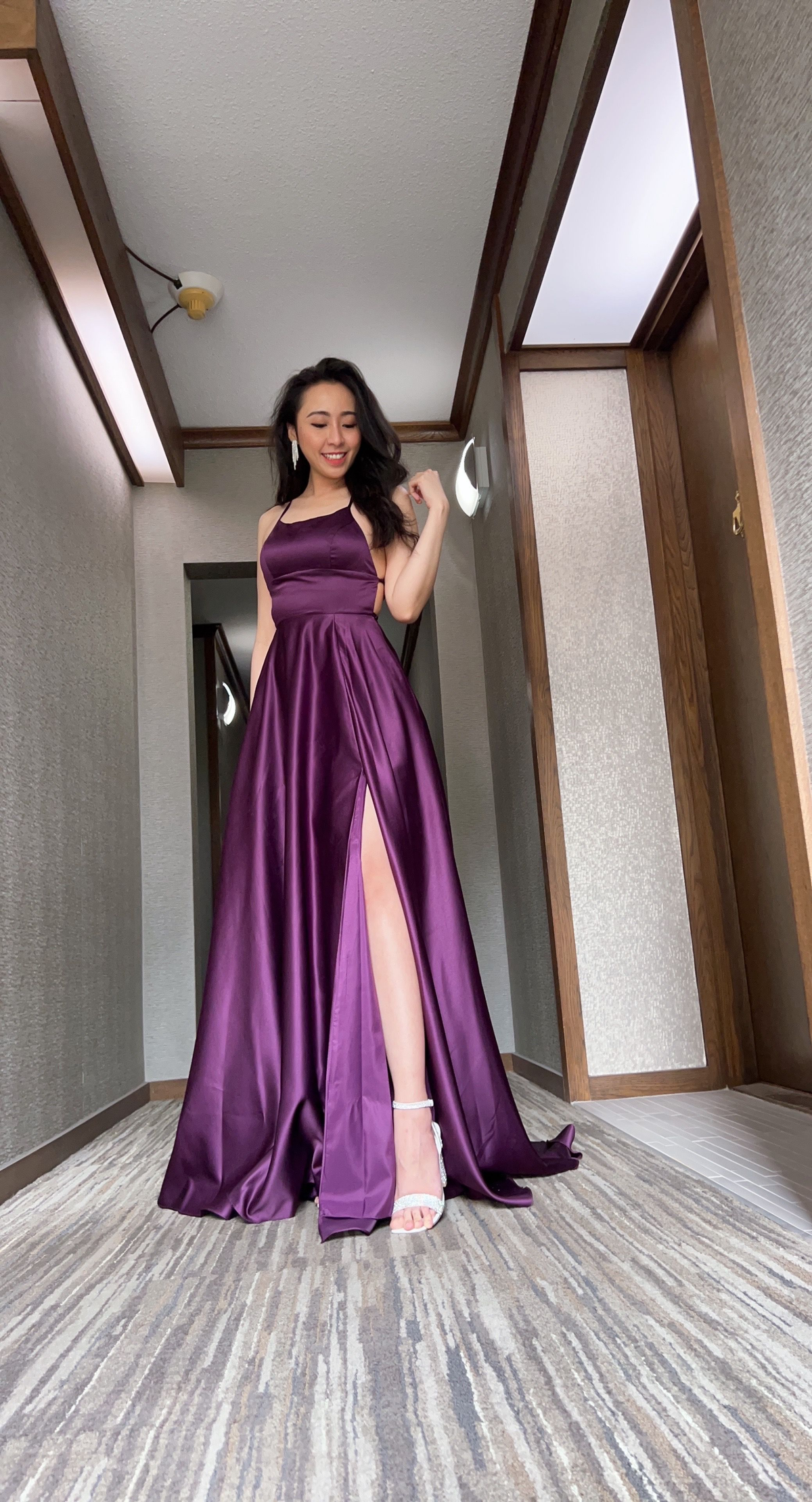 A-Line / Princess Scoop Neck Sweep Train Satin Prom Dress With Split Front - FashionDia