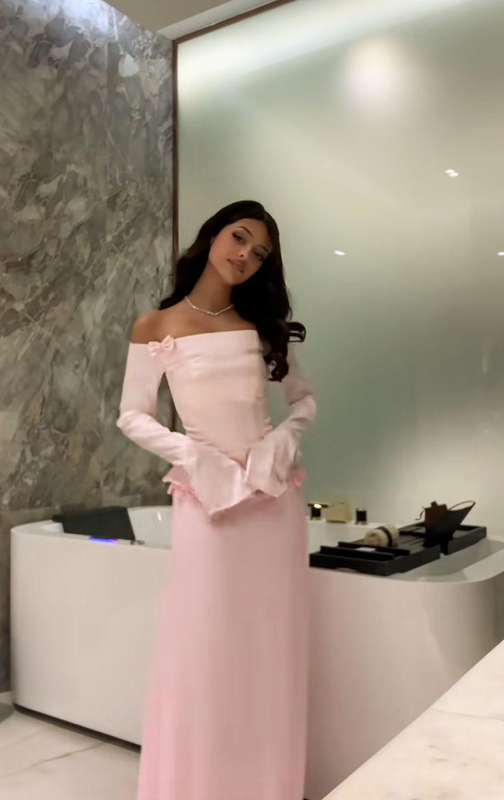 Sweet Two Piece Off-the-Shoulder Pink Satin Chiffon Mermaid Prom Dress Formal Party Dress - View 5 | FashionDia