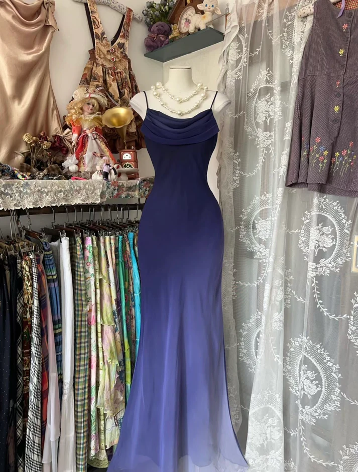 Charming Ombre Navy Blue Chiffon Long Mermaid Prom Dress Evening Dress